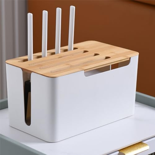Tissting Wifi Router Storage Box, Stylish Wooden Lid Cable Management Organiser with Built-in Shelf for WiFi Router, DVD Players, Game Consoles, Plug Board for Home Decoration