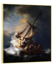 XGMDZRT Berühmte barocke Wandkunst mit gerahmtem Gemälde. Rembrandt-Drucke: Christus im Sturm auf dem See Genezareth. Reproduktion auf Leinwand, 70x90cm goldener Rahmen