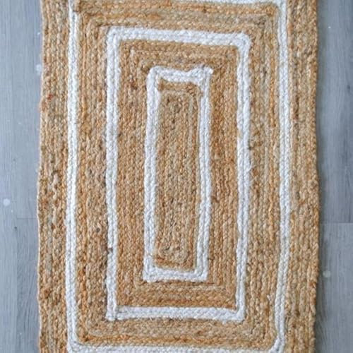 Jaipur Art And Craft Wendeteppich aus geflochtener Jute mit natürlicher weißer Bordüre, moderner Teppich für Wohnzimmer und Küche– (3x5 Quadratfuß)
