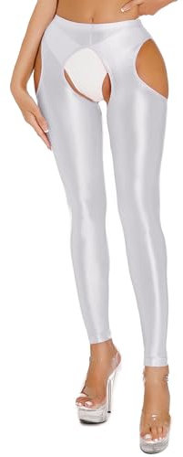 YOOJIA Damen Strumpfhosen Glänzend Leggings mit Offenem Schritt Workout Erotische Strümpfe Pantyhose Clubwear Weiß XXL