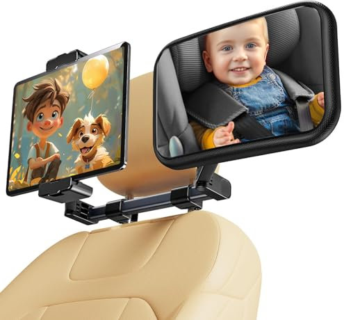 Qloztyse Baby Autospiegel für Baby Rear Facing - Säugling Rücksitz Spiegel mit Halter und Haken für feste Kopfstütze Sicherheit Large Wide Adjustable Auto Rearview, 2 in 1