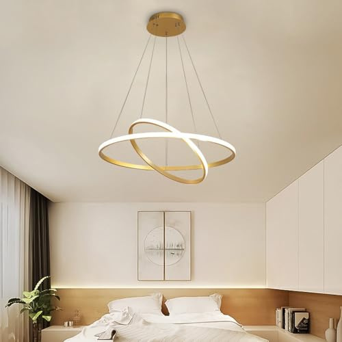 Mengjay Modern LED Chandelier Dining Table LED 2 Rings Three Colour Temperatures Dimmable Pendant Lamp Living Room Ceiling Lamp Bedroom Understandable Height,40+20CM (Gold)