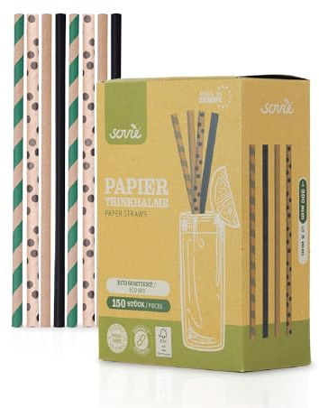 Sovie Strohhalme Papier Eco Streifen - Trinkhalme Plastikfrei - FSC-zertifiziert, Made in Europe, Biologisch Abbaubar - Ø 8mm - 20cm Länge - 150 Stück