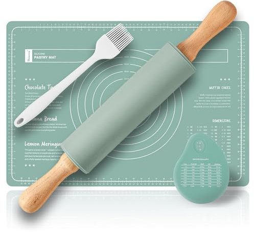 Metamorisy, Wooden Rolling pin & Silicone Baking mats Set,Pastry Brushes and Dough Scraper, 38cm Dough Roller,60X40 Silicone Pastry mat,Baking Set of 4 (Green)