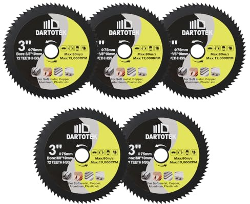 HSS Kreissägeblatt 3inch - DARTOTEK 5pcs 72T 10mm Bohrungs-Trennscheiben für Holz, Kupfer, Aluminium, Kunststoff und Weichmetall