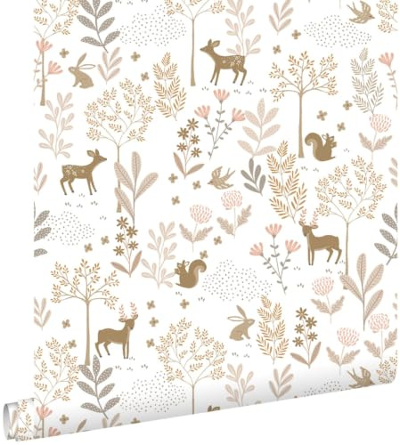 papier peint forêt avec des animaux de la forêt rose terracotta et beige 53 cm x 10.05 m - ESTAhome
