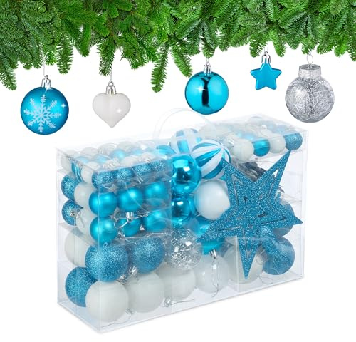 Relaxdays Set 101 Bolas Árbol Navidad, Plástico, Adornos Navideños con Bolitas y Estrella, Decoración, Petróleo/Blanco