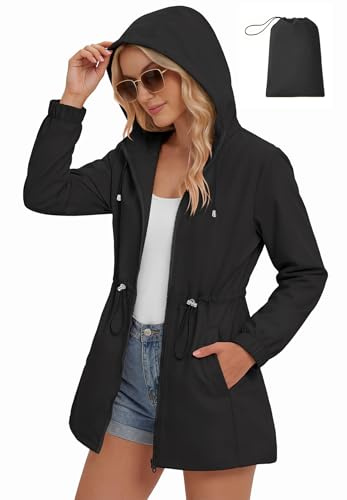 Zando Lightweight Rain Jacket Women Waterproof - Raincoat for Women Packable Black Rain Jacket with Hood Outdoor Windbreaker Spring Fall Jackets Waist Cinching Travel Raincoats for Hiking Walking S