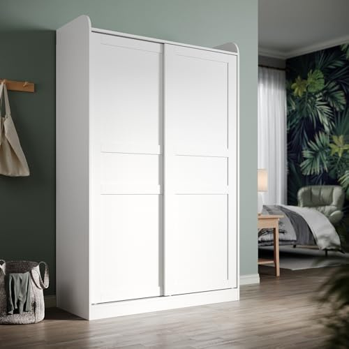 ZANOFIRA 2 Sliding Doors Wardrobe with Aluminium Hanging Rail & Shelves, Modern Matt White Bedroom Storage Furniture, W118xD50xH186cm