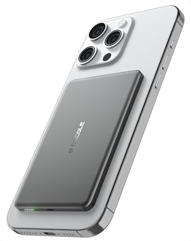 decqle “Air” Power Bank para MagSafe, 5000mAh Ultra Fino Powerbank Inalámbrica Cargador Portátil con Cable USB-C, Sólo para iPhone 17/16/15/14/13/12 Serie (Gris)