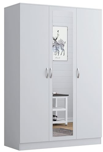 Nera NeraStudio 3 Door Wardrobe for Bedroom 120cm Wide with Mirror Shelves and Hanging Rail Storage Cabinet (White)