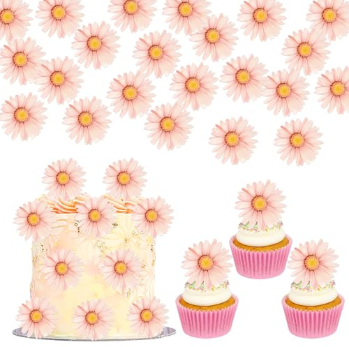Xsstarmi Confezione da 60 topper commestibili per cupcake, a forma di margherita, in carta di riso, crisantemo, camomilla, per primavera, estate, baby shower, matrimoni, feste di compleanno
