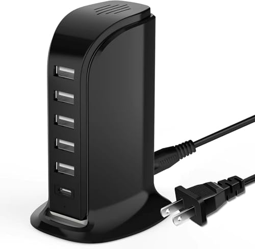 USB Charging Station for Multiple Devices, 40W Multiport Charger Tower, USB-C Port Supports PD Quick Charge Compatible with iPhone, Smartphones, Tablets and Other Devices (Black)