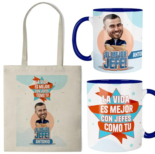 Kembilove® Taza y Bolsa Personalizada para Jefe – Regalo Original “El Mejor Jefe” – Set para Oficina con Diseño Divertido y Nombre Personalizado – Idea de Regalo para Hombres