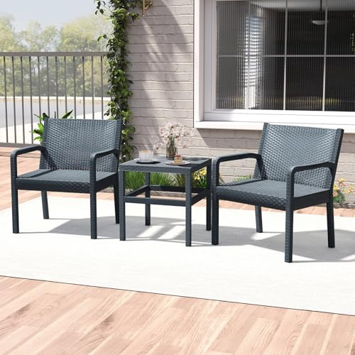 GIANTEX Set di Mobili da Giardino e Balcone 3 Pezzi, Struttura in Rattan e Polipropilene, 2 Poltrone, Resistente alle Intemperie, Arredamento per Esterni per 2 Persone