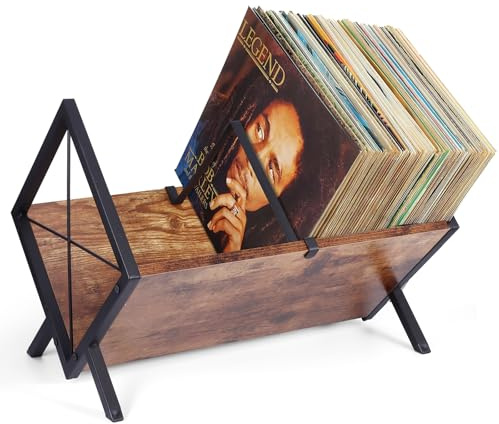 Vinyl Record Storage Rack, Solid Wood Metal Vinyl Record Display Stand 80 LP Records with Adjustable Divider, for Storing Records, CD, Magazines, Books and Documents