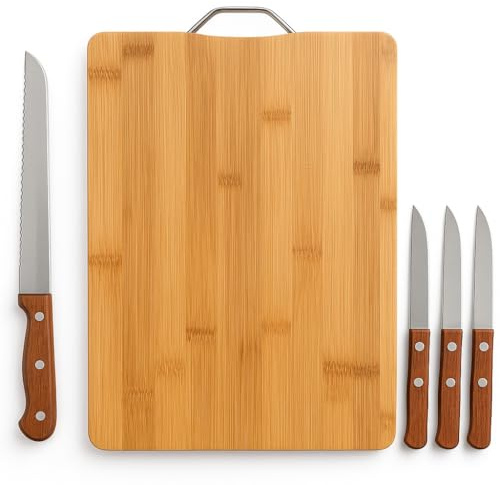 Set de Tabla de Cortar Madera Natural 36x26 cm + 4 cuchillos| Antibacteriana Resistente y ecologica | Ideal para cocina Pan, Carne, Verduras, Queso y Pescado | Utensilios de Cocina Duraderos.