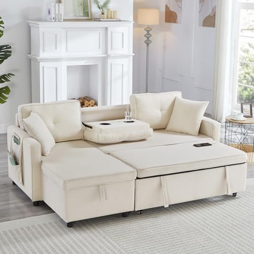 Sofa Bed Sleeper 3 In 1 Convertible Sectional Sleeper Sofa Couches With Storage Chaise & Drop-Down Table & Cup Holders & Charging Station, 3 Seater Pull Out Corner Sofa Bed For Apartment Living Room