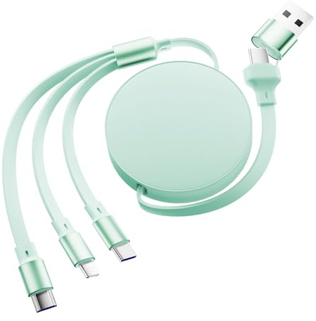 3 in 1 USB Ladekabel Mehrfach 120W Multi USB Kabel Schnellladekabel mit Micro/Phone/Type C Einziehbares Universal Ladekabel Aufroller Kompatibel für i-Phone, i-Pad, Laptop, Galaxy S23 S22(Grün)