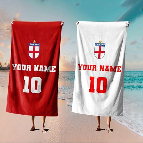 GIFTIMIZED England Flag Personalised Name & Number Towel, Custom Football Bath or Beach Towel, Red Cross, Sports Towel for Gym, Pool or Home