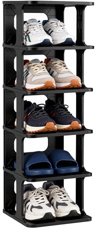 Ribelli Schuhregal 6 Ebenen, Schuhschrank Schmal, Stapelbar Klein Regal Hoch, Kunststoff Schuhablage Platzsparend für Treppe, Flur, Badezimmer und Schlafzimmer, Schwarz