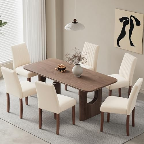 COLAMY Esszimmerstühle 6er Set, Polsternder Stühle Esszimmer mit Rückenlehne, Küchenstühle Gepolstert, Stoff Dining Chairs Holzbeinen für Esszimmer, Küche, Restaurant, Beige