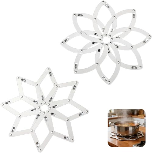 Lot de 2 Dessous de Plat en Acier Inoxydable, Extensible 17-21,5cm, Design Flocon et Fleur, Dessous de Plat en Métal Résistant à la Chaleur pour Marmite et Bol, Soucoupe Pot Cuisine - Argent