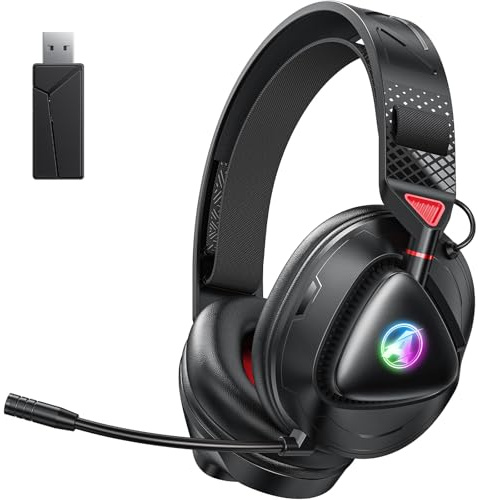 Awinnasey PH3 Casque de jeu sans fil pour PS5, PS4, Switch, PC, Mac, casque Bluetooth avec microphone amovible, casque Bluetooth léger avec lumière RVB, batterie de 50 heures, noir rouge