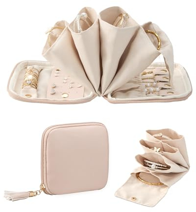 Lolalet Travel Jewelry Case Organizer, Small Jewellery Pouch with Compartments for Storage, Soft Velvet Bag for Traveling Women, Full-Zip Packing for Necklaces, Earrings, Bracelets -Apricotpink