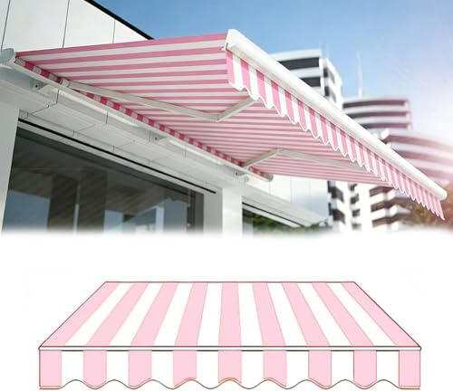 HOUKOIKBUG Markisenbespannung Ersatzstoffe Mit Volant Generisch Ersatzstoff Markisenstoff Aus Polyester Sonnenschutz Markisentuch Für Markisen, Deck, Balkon, Hof(Pink-White,8x7ft/2.5x2.15m)