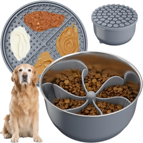 Pawinner 152 ml multifunktionell rostfritt stål långsam matare hundskål för stora hundar, halkfri botten med strukturerad läckmatta-lock & silikon-Slow matarinsats, djup metallätskål, grå
