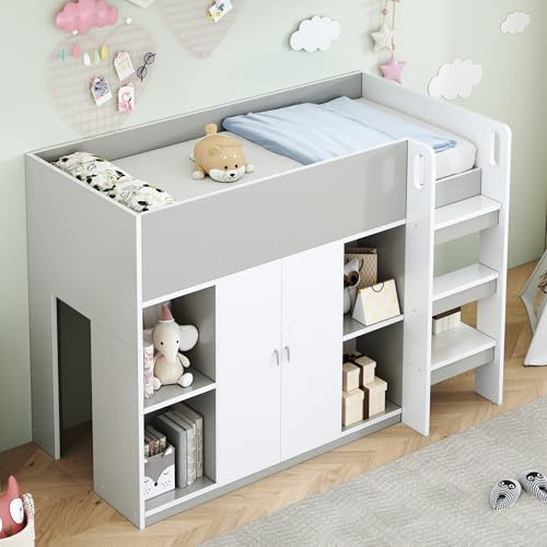 LZPUOUI Hochbett 90x200cm Grau als Stauraumbett mit integriertem Kleiderschrank und Regalen Bettgestell für das Jugendzimmer Jugendbett stabil belastbar 120kg massiv Funktionsbett inklusive Rost