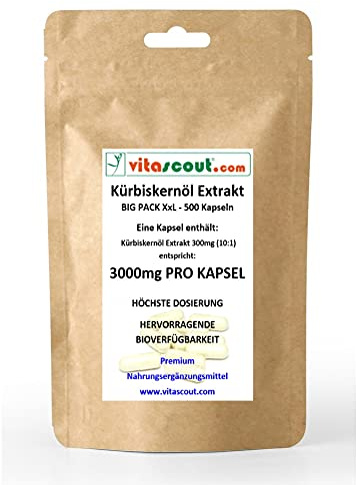 Kürbiskernöl Samen Extrakt – 500 Kapseln – Entspricht 3000mg pro Kapsel – Höchste Dosierung – Für sehr gute Aufnahme im Körper – Hochdosiert und Vegan