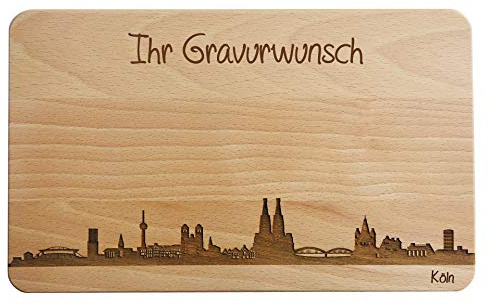 SNEG Brotzeitbrett Köln Skyline mit Wunschgravur – Frühstücksbrett aus Buchenholz 22×14 cm – Holz Schneidebrett mit Namen – Geschenkidee aus Nordrhein-Westfalen