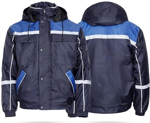 MAZALAT work wear Giacca da Lavoro Invernale Uomo, con Cappuccio, Impermeabile, A Prova di Vento, Giacche da Lavoro, Caldo, Bande Riflettenti, Giubbotto da Lavoro Inverno, Blu, L