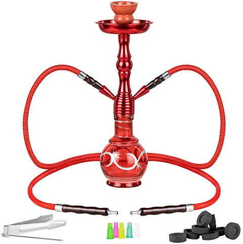 Mianova Orientalische Wasserpfeife Shisha Hookah Set 2 Schläuche 45cm Tribal inkl. Kohle 5 Mundstücke Zange Rot