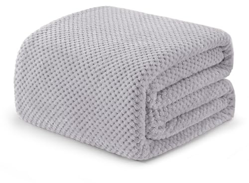 Exclusivo Mezcla Säng- och soffilt 3D jacquard våffelfilt, mjuk varm fleecefilt, för alla årstider, maskintvättbar och torkbar, 230 x 270 cm, ljusgrå