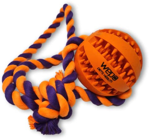 WEPO Pelota con cuerda para perro naranja, diámetro de 7 cm, juguete para perros grandes, cuidado dental para perros, juguete para perros Zergel, juguete para perros contra el aburrimiento para