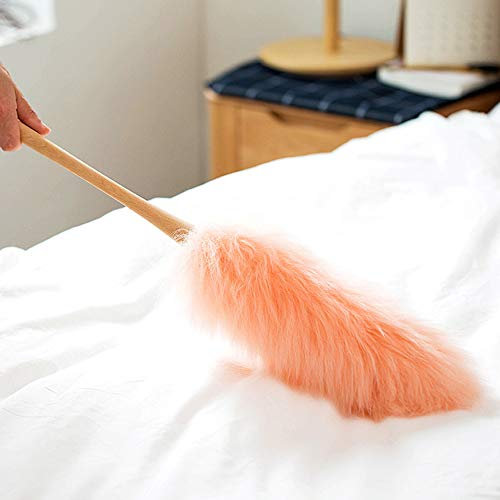 Yuly - Spolverino in pura lana d'agnello, setoso, non statico, con manico in legno, strumenti di pulizia riutilizzabili, con testina lavabile (rosa), 70 cm