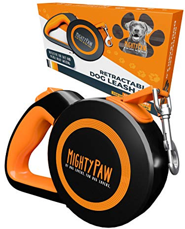 Mighty Paw Einziehbare Hundeleine, 4.6m - Rolleine für Hunde aus Nylon für Hunde & Haustiere bis 50 kg - Robust & Reflektierend Ausziehleine, Flexi Leine, Ziehleine, Aufrollleine - Orange, Standard