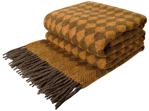LYHome 100% LambsWool Blanket - Large Throw, Sofa & Bed Bedspread, Single Double Throws, Soft Warm Blankets for Winter Travel Picnic & Camping 55x79 in, 140x200, Mustard - Brown Scandinavian Rhombus