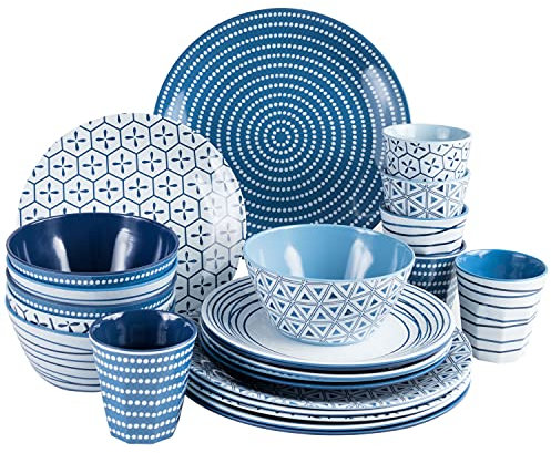 Vaisselle de camping pour 6 personnes 24 pièces - Bleu et blanc - Vaisselle en mélamine