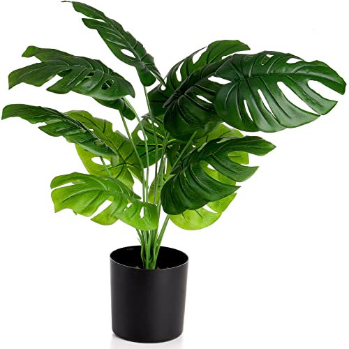 Hacaroa Large Artificial Plants Indoors Monstera Deliciosa Plant with 12 Leaves 23.5/60cm Tall Faux Tropical Tree Leaves in Black Pot Artificial Plants Indoors in Pots for Home Office Decoration