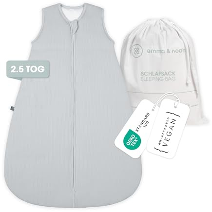 emma & noah Baby Schlafsack 2.5 TOG, Strampelsack für den Herbst und Winter in vielen Farben, Bio-Baumwolle, OEKO-TEX Zertifiziert, Schlafsack für Neugeborene (Essential Grau, 90 cm)