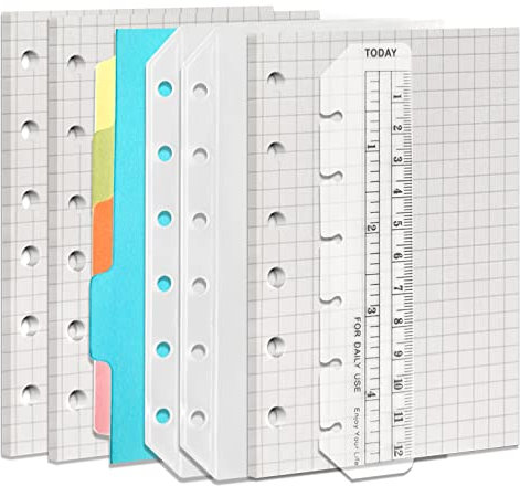 DY.2ten A7 Notizbuch-Nachfüllset Mit 6 Löchern, 135 Blatt (270 Seiten) Grafikpapier + 2 Reißverschlusstaschen + 5 Trennblätter + Lineal, Für Filofax Nachfüllblätter