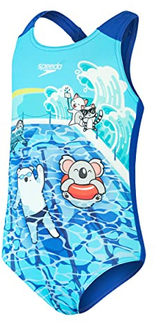 Speedo Mädchen Digital Printed Badeanzug, Azurblau/Gelb/Türkis/Kobalt, 4 Jahre