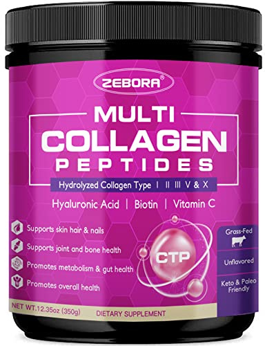 ZEBORA Multi Collagen Peptides Powder - Hydrolyzed Collagen Type I II III V X with Hyaluronic Acid, Biotin, Vitamin C - Support Skin Hair Nail Joints, Non-GMO, Unflavored, Keto Friendly