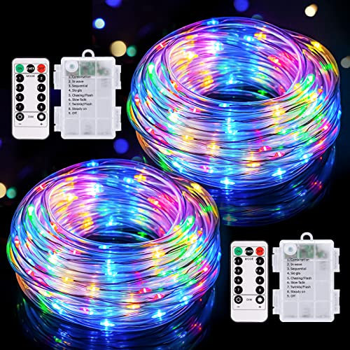 POTIVE 66Ft Battery Powered String Lights, 2 Pack Total 200 LED Outdoor Battery Operated Light, 8 Modes Trampline Lights for Camping Christmas Garden Walkway Patio Decorations (Multicolor)