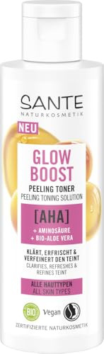 SANTE Naturkosmetik Glow Boost Peeling Toner, chiarificante viso con AHA, aminoacido e aloe vera biologica, tonico viso vegano per pelle curata e rinfrescata, 125 ml