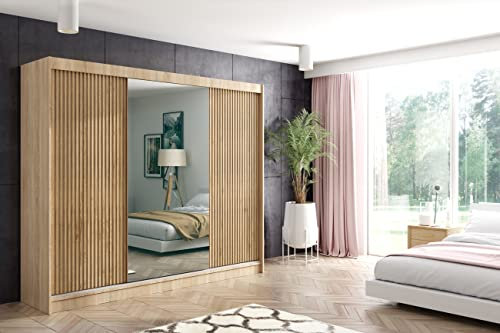 ALTDECOR Kleiderschrank mit Spiegel und Schiebetüren, kugelgelagerte Führungsschienen und Aluminium-Leisten - VILAN - 250 cm Sonoma Eiche + Sonoma Eiche + Lamelle Eiche Wotan + Spiegel